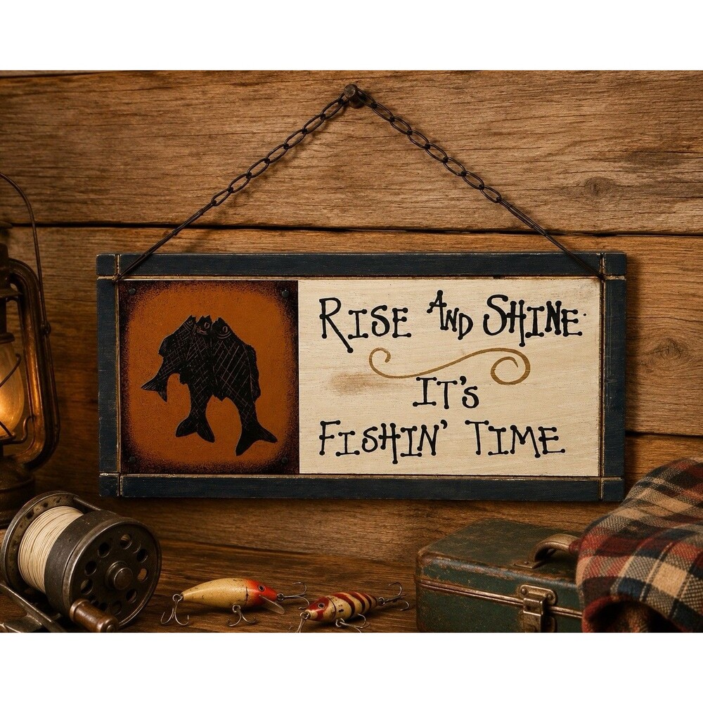 Rustic Fishing Cabin Wall Sign Rise & Shine It’s Fishin’ Time Wood Hanging Decor